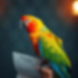 A vibrant parrot perched on a registration form