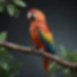 A colorful parrot perching on a branch, showcasing its vibrant feathers.