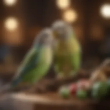 Joyful Activities for Budgerigars A serene setting with a budgerigar playing with toys