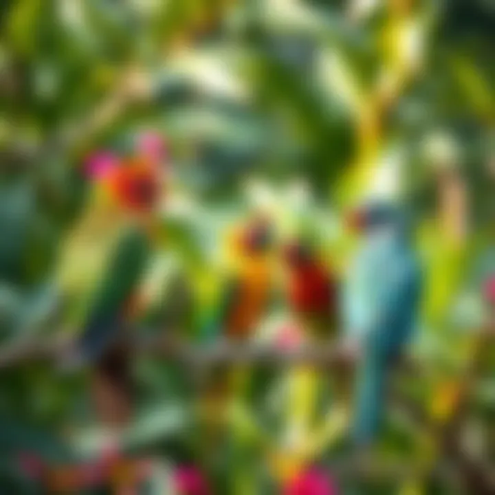 A colorful array of pet birds perched in a lush Cairns garden