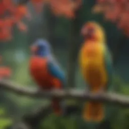 Colorful pet birds perched on a branch in a vibrant Vancouver park