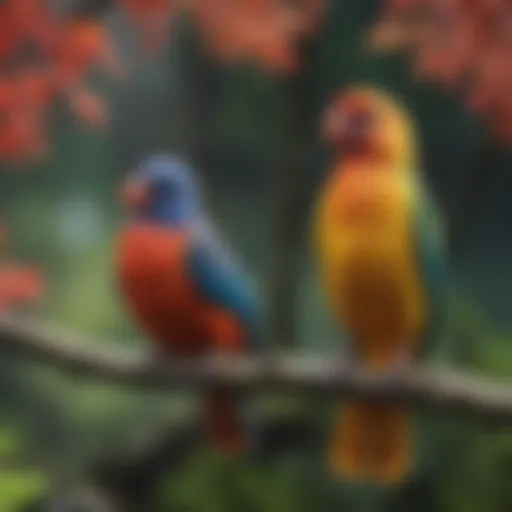 Colorful pet birds perched on a branch in a vibrant Vancouver park