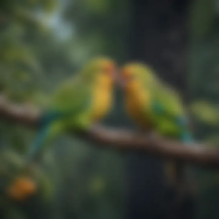 Colorful parakeets perched on a tree branch