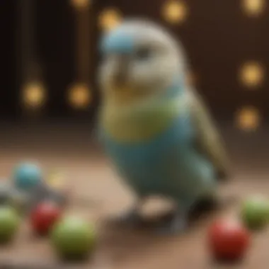 An engaging scene of a budgerigar mimicking words with toys around.