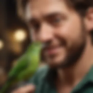 A joyful green bird interacting with its owner, illustrating the bond between them.