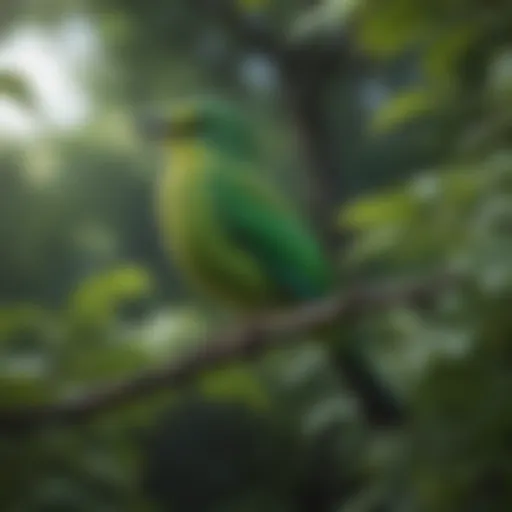 A vibrant green bird perched on a branch surrounded by lush foliage.