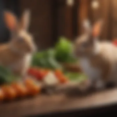 Assorted fresh vegetables and high-quality rabbit pellets displayed on a table