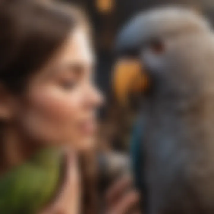 An owner engaging in training with a talking bird