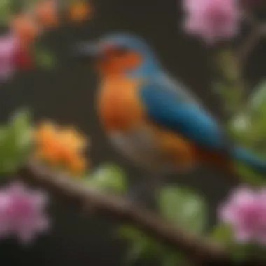 A colorful bird perched on a branch surrounded by various flowering plants.