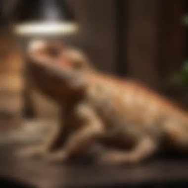 A healthy bearded dragon basking under a heat lamp