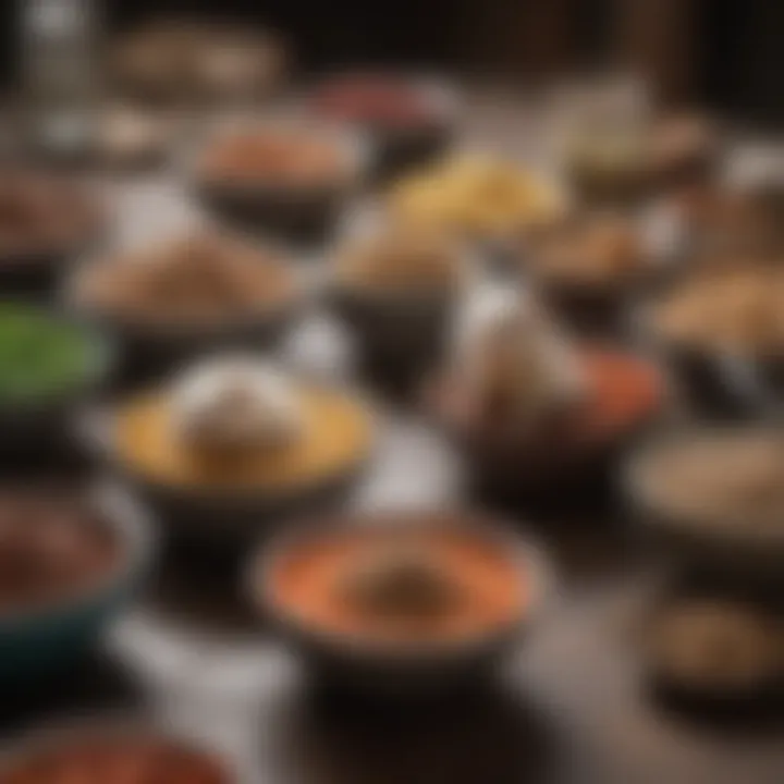 A selection of nutritious ferret food laid out in individual bowls.