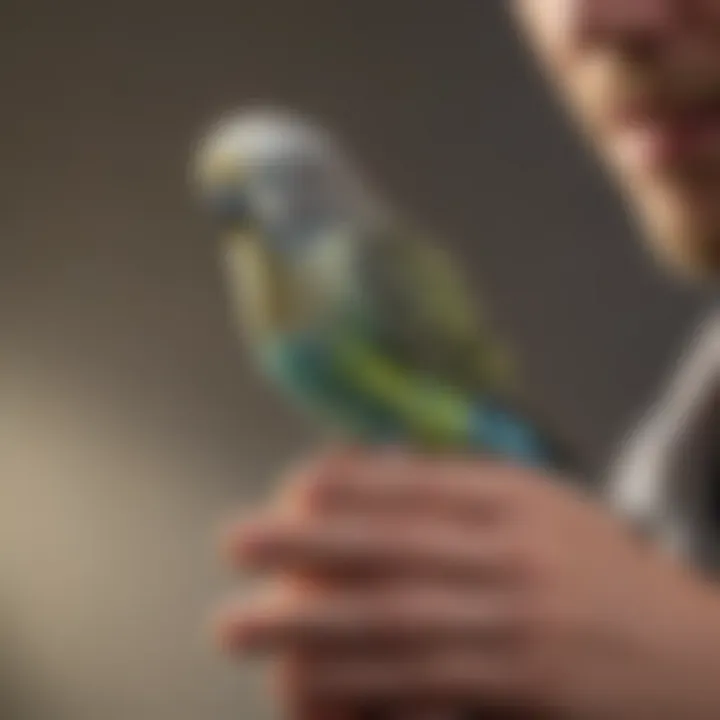 A close-up of a budgie perched on a finger, symbolizing trust and companionship.