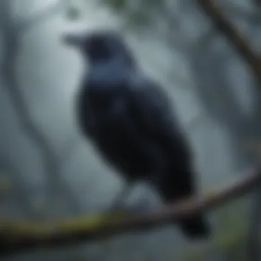 An ominous-looking raven perched on a branch, surrounded by a misty atmosphere