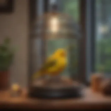 A serene corner of an apartment with a canary in a cozy cage.