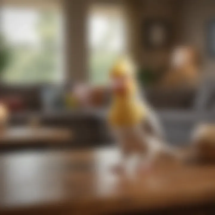 A content cockatiel enjoying playtime on a living room table.