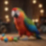 Vibrant macaw engaging with a colorful toy