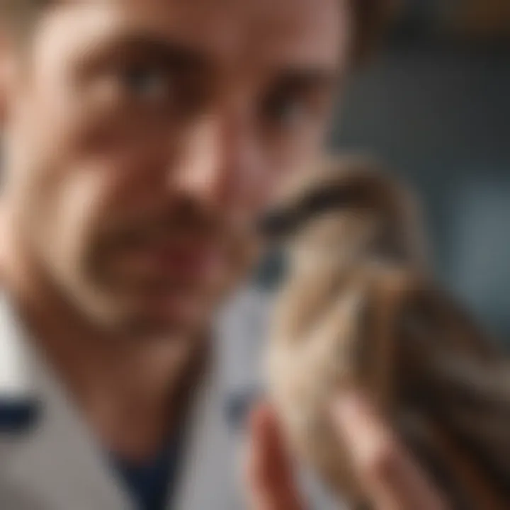 A veterinarian examining a bird to diagnose health issues related to feather plucking.