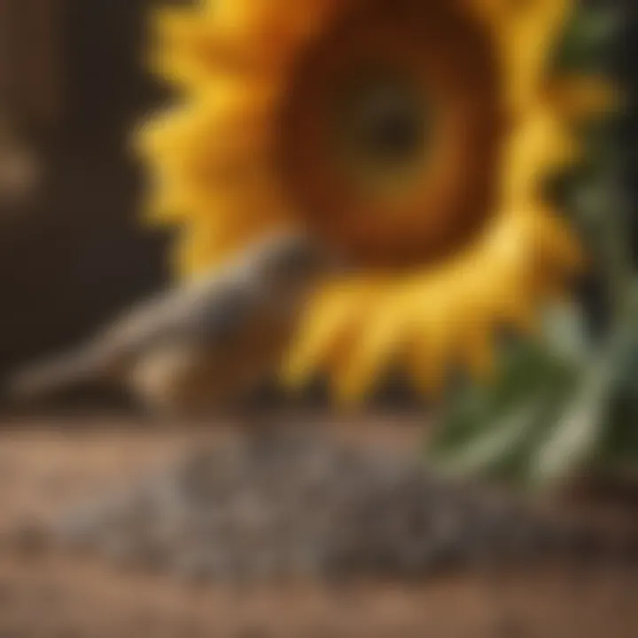 Birds enjoying sunflower seeds in a natural setting.