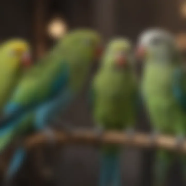 A variety of talking parakeets available for sale, showcasing their diversity and appeal in the avian market.