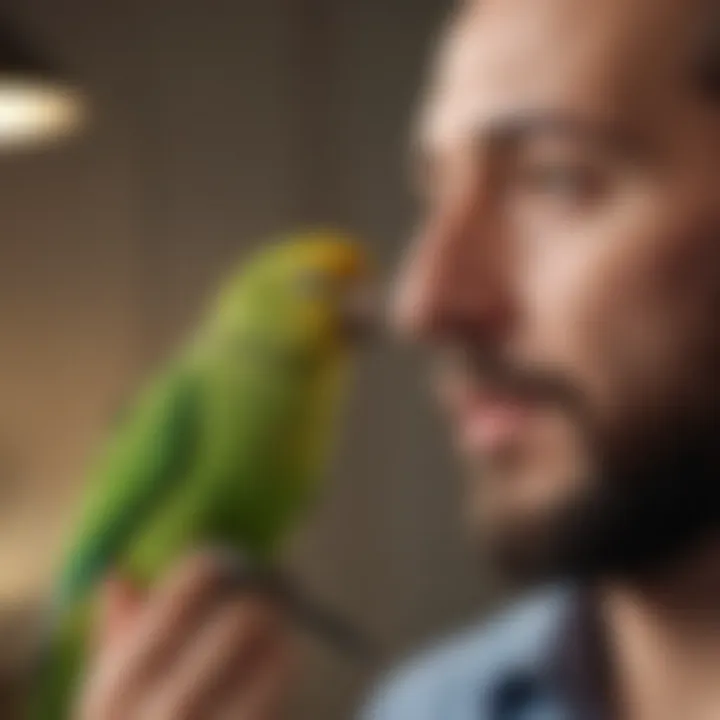 A close-up of a talking parakeet interacting with its owner, illustrating their bond and communicative abilities.