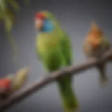 A vibrant talking parakeet perched on a branch, showcasing its colorful feathers and expressive demeanor.