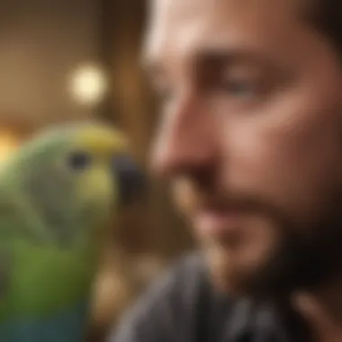 A close-up of a budgerigar interacting with its owner.