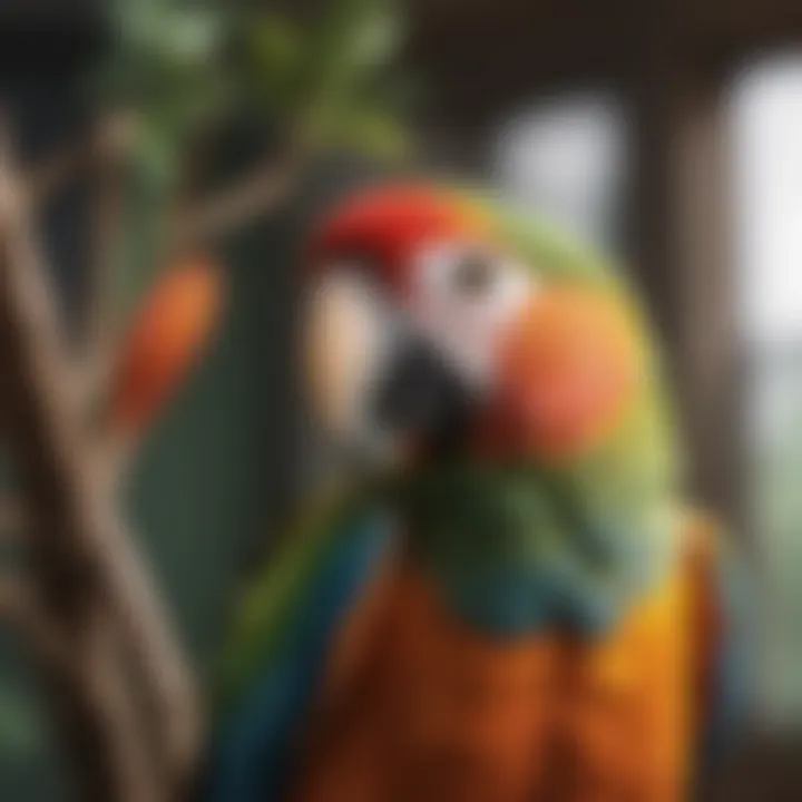 A vibrant parrot perched on a branch, showcasing its colorful feathers.