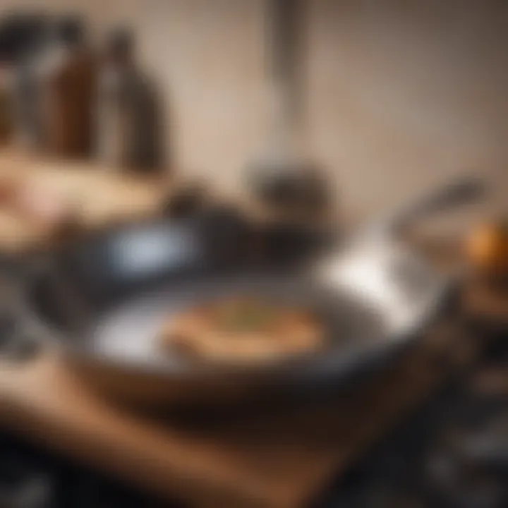 A polished stainless steel skillet reflecting light in a modern kitchen