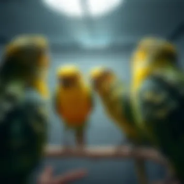 Parakeets interacting in a temperature-controlled setting