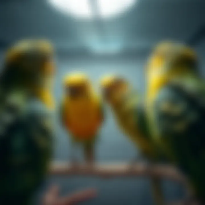 Parakeets interacting in a temperature-controlled setting