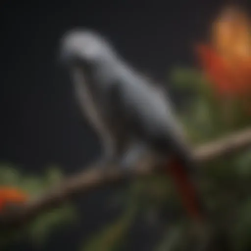 A vibrant African Grey parrot perched on a branch, showcasing its striking feathers.