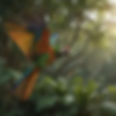 An African parrot in flight against a backdrop of lush greenery, illustrating its natural habitat.