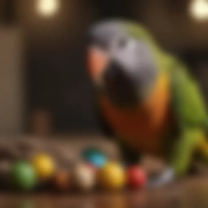 A colorful Senegal parrot interacting with a toy, highlighting its playful nature.