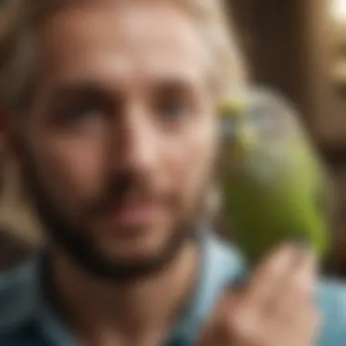 A playful budgerigar interacting with its owner, reflecting a bond of trust and companionship.