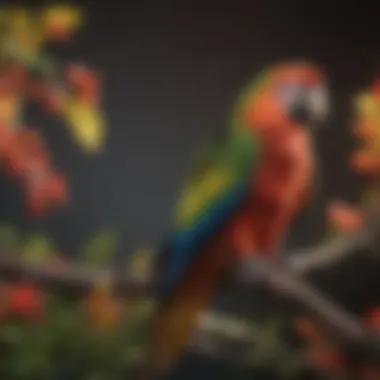 A vibrant parrot perched on a colorful branch, showcasing its stunning plumage.