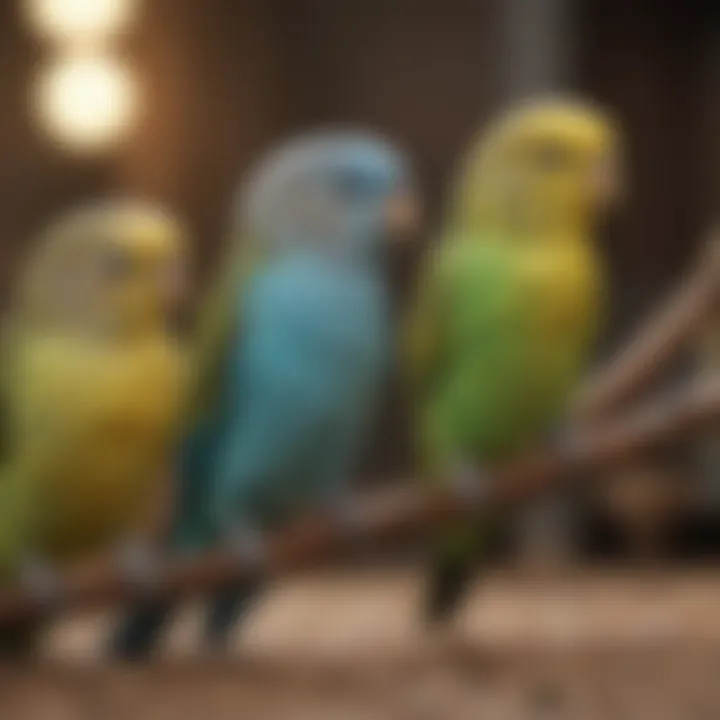 A group of budgerigars socializing and interacting