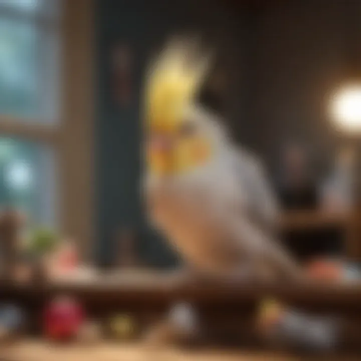 A serene cockatiel in a cozy habitat with toys