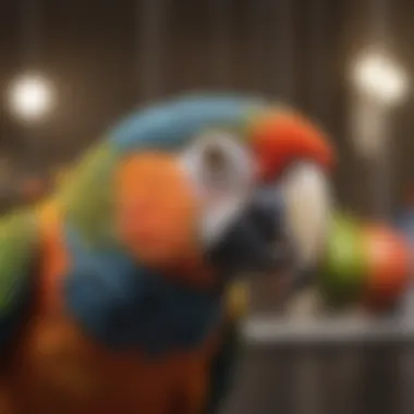 Close-up of a colorful parrot enjoying its time in a large cage