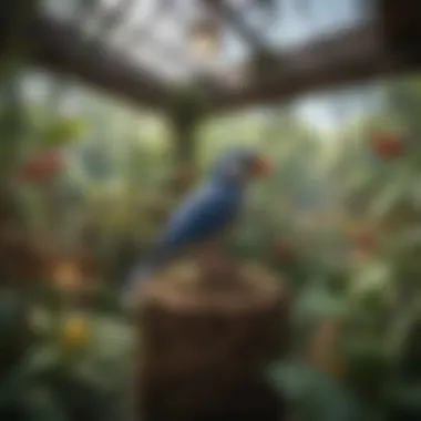 A Vibrant Aviary Environment A spacious aviary filled with various plants and toys for birds