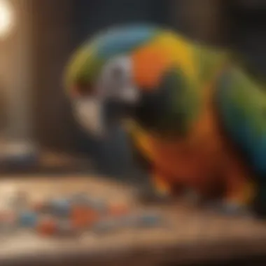 A close-up of a parrot displaying its intelligence through puzzle play