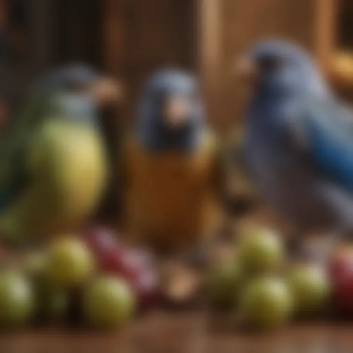 A diverse group of pet birds contemplating grape consumption.