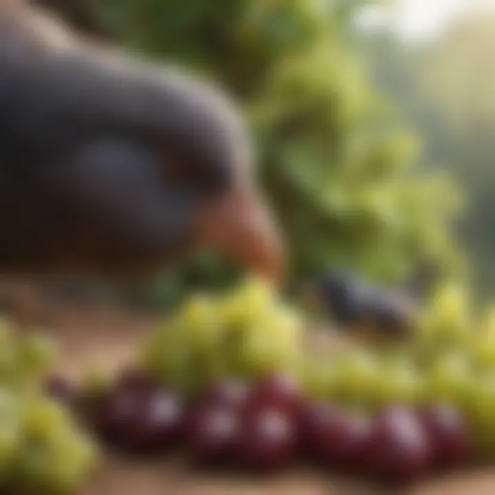 A pet owner carefully selecting grapes for their bird.