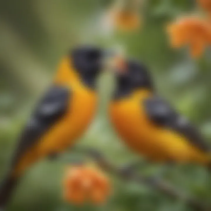 Close-up view of an oriole feeding on nectar from a feeder, showcasing its bright plumage