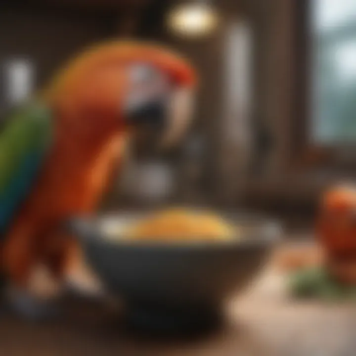 Illustration of cleaning and maintaining parrot feeding bowls