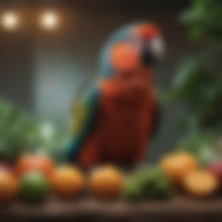 Vibrant parrot perched on a branch surrounded by fresh fruits and vegetables