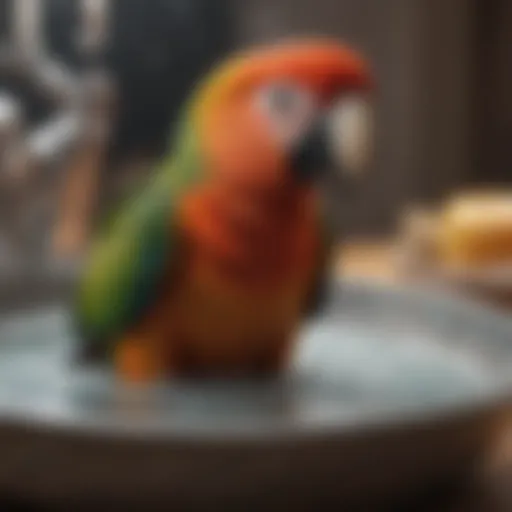 A vibrant parrot enjoying a gentle bath in a shallow dish.