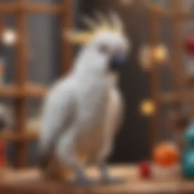 A vibrant cockatoo perched on a beautifully designed play stand showcasing various toys.