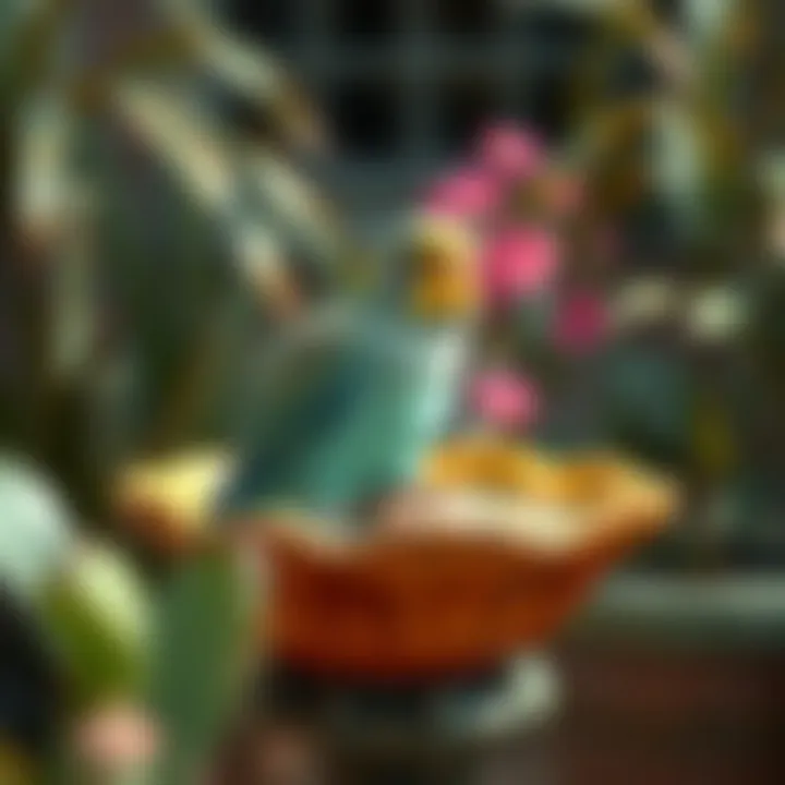 Vibrant Parakeet in Bird Bath A vibrant parakeet enjoying a bath in a decorative bird bath