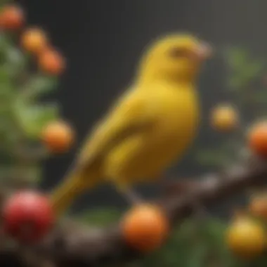 A vibrant canary perched on a colorful branch