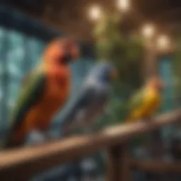 A vibrant indoor aviary showcasing various domestic bird species.